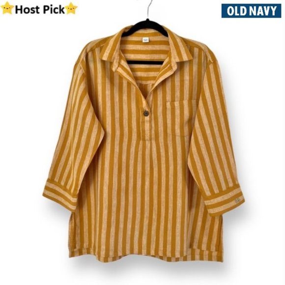 Old Navy Tops - OLD NAVY 3/4 Sleeve Popover Relaxed Fit Striped Linen Tunic Mustard Tan Size XL